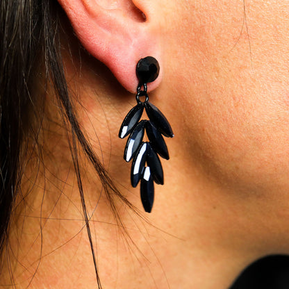 Jet Black - Vintage Glass - Long Drop - Earrings