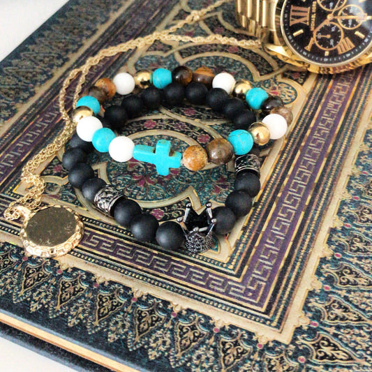 Bronze Skull / Blood Stone - Gemstone Bracelet